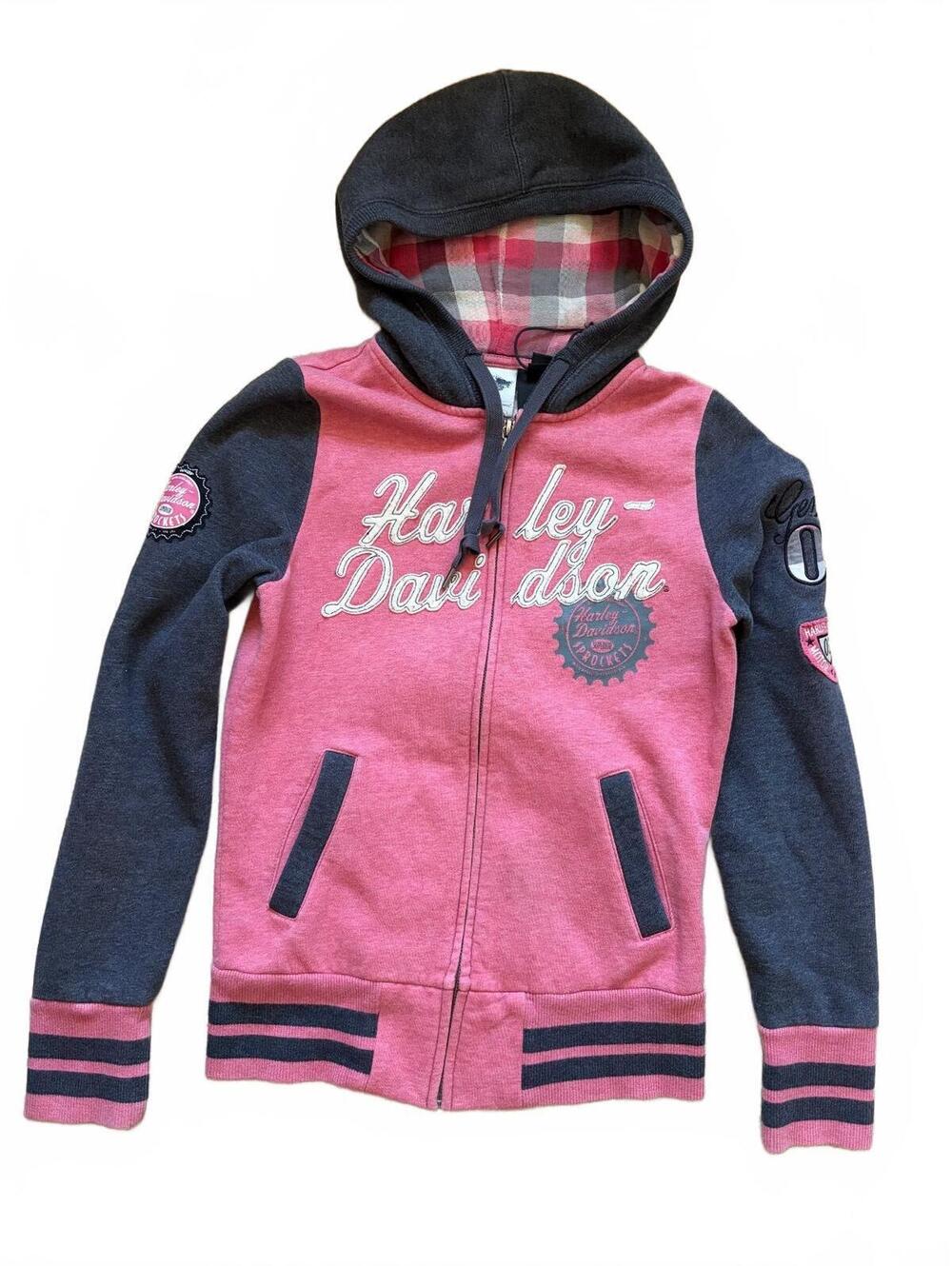 Harley-Davidson Hoodie Womens XS Pink Charcoal Full Zip Plaid Lined Logo
